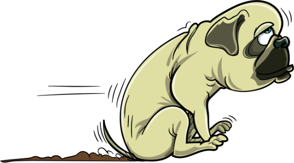 Cartoon van een hond die met zijn billen over de grond schuurt