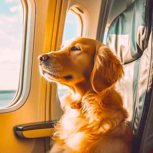 Hond zit in een vliegtuig en vliegt mee met zijn eigenaar. 