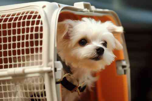 Hond zit in een transportbox en is klaar om te gaan vliegen. 