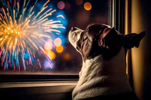 Hond kijkt angstig naar vuurwerk door het raam. 