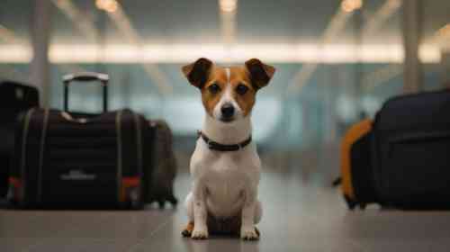Hond op het vliegveld, klaar om te gaan vliegen met zijn baasje. 