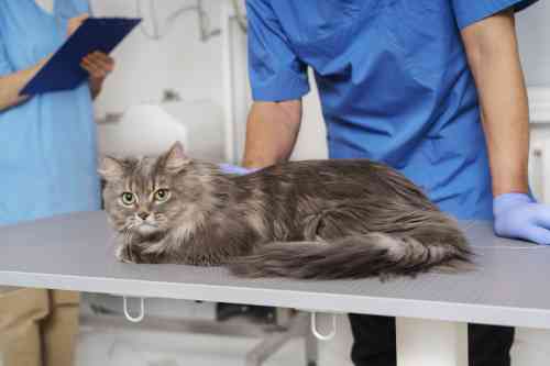 Kat met een gebroken poot wordt onderzocht door een dierenarts. 
