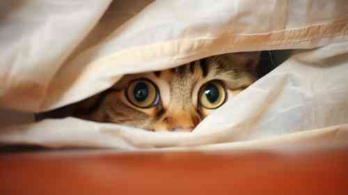 Kat is bang van vuurwerk en verstopt zich onder een dikke deken.