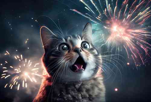 Achter de kat wordt vuurwerk afgeschoten, waar hij enorm bang van wordt.
