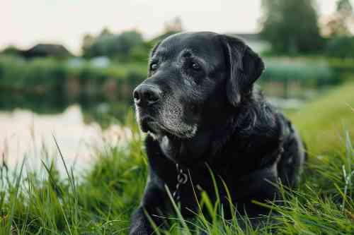 Oude labrador retriever aan de waterkant