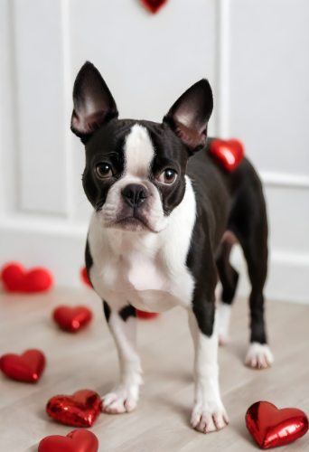 hond kijkt verliefd in de camera en heeft hartjes om zich heen op de grond liggen.
